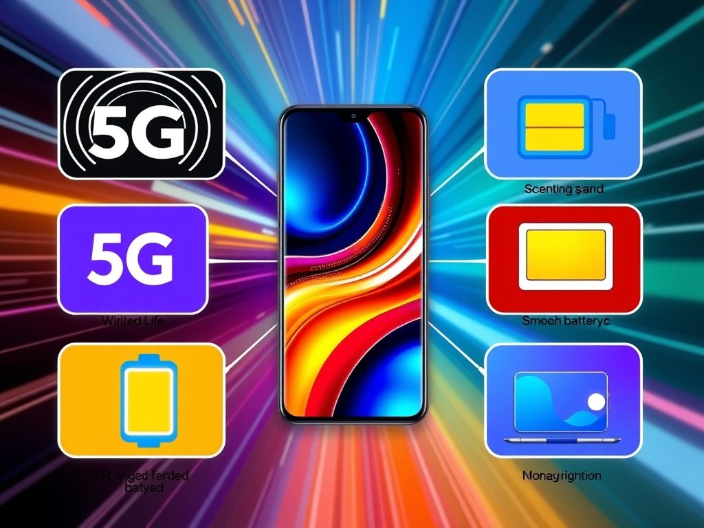 Colagem com os principais recursos do Realme C75 5G: 5G, bateria duradoura, design moderno e interface intuitiva.
