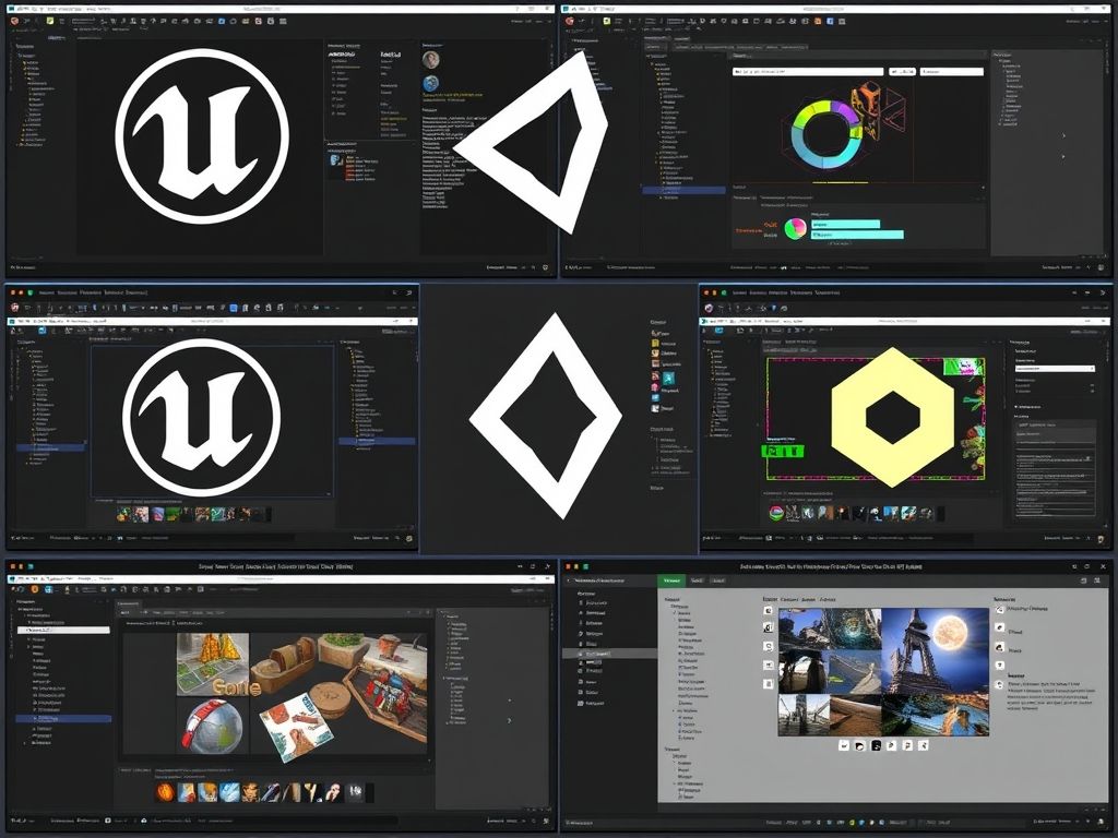 Colagem mostrando as interfaces do Unreal Engine, Unity e Godot Engine, destacando seus recursos e ferramentas para design de níveis.