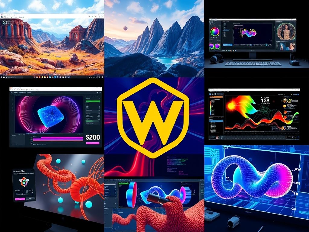 Colagem mostrando diversas aplicações impulsionadas pelo WebAssembly: jogos 3D, edição de vídeo, visualização científica e software CAD.