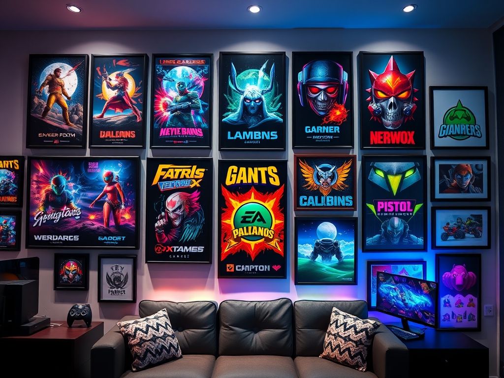 Pôsteres e quadros com temas de jogos em uma parede de um quarto gamer, mostrando personagens, paisagens e logos icônicos.