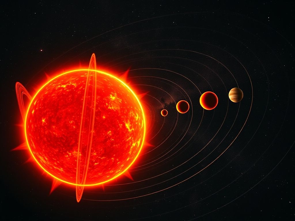 Comparação visual do tamanho de UY Scuti com o nosso sistema solar, mostrando a imensidão da estrela.