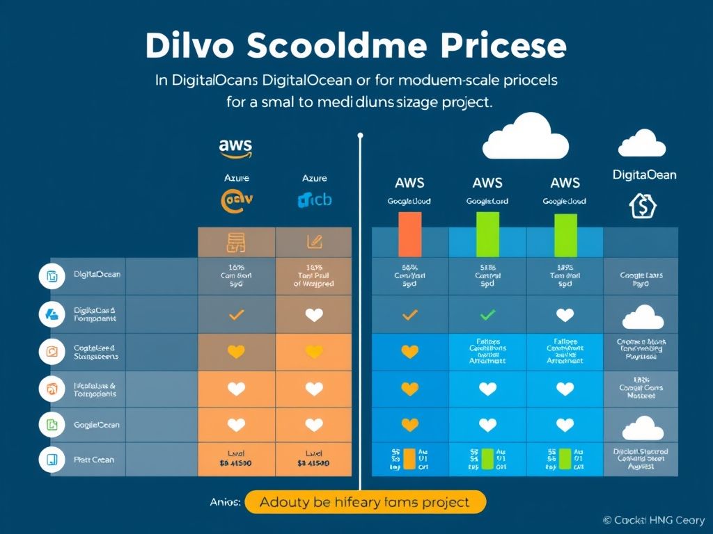 Gráfico comparativo dos modelos de preços da DigitalOcean, AWS, Azure e Google Cloud para um projeto de pequeno a médio porte.