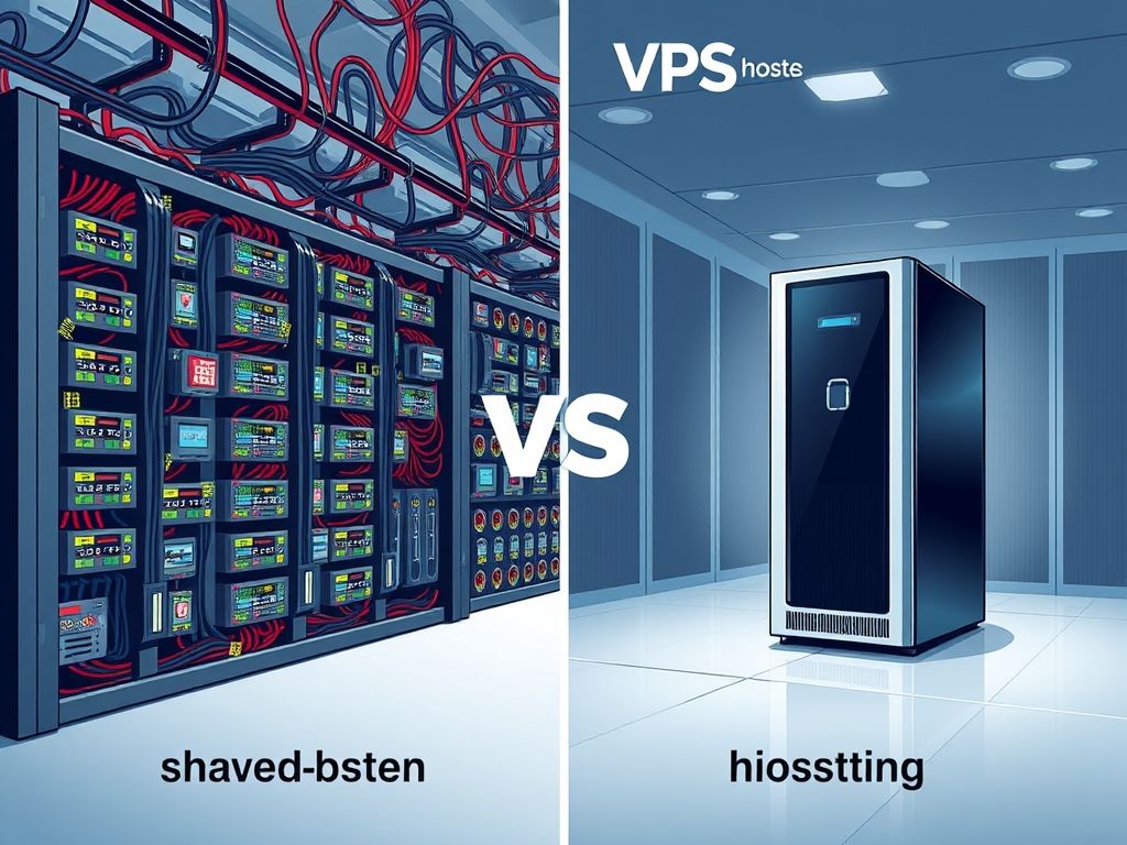 Comparação visual entre hospedagem compartilhada e hospedagem VPS, mostrando as diferenças de recursos e desempenho.