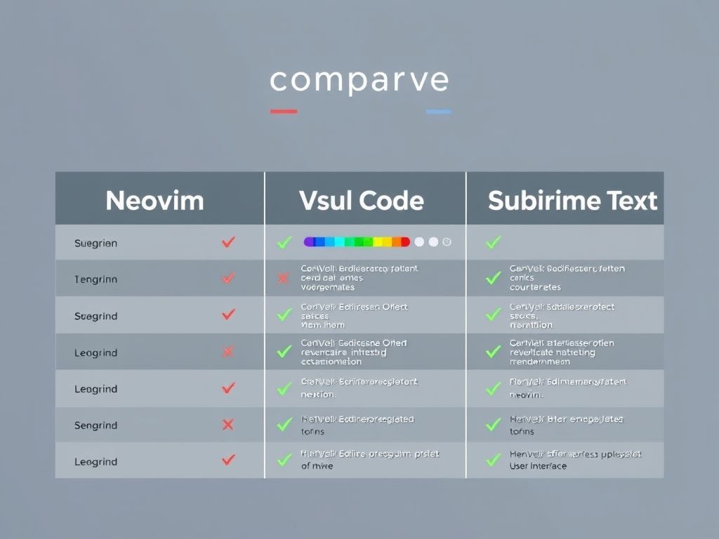 Tabela comparativa entre Neovim, VS Code e Sublime Text, destacando suas vantagens e desvantagens em performance, extensibilidade e facilidade de uso.
