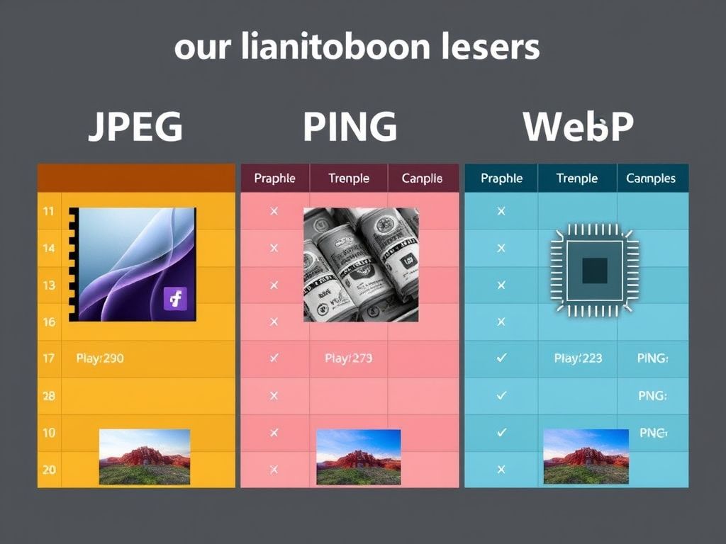 Tabela comparativa dos formatos de imagem JPEG, PNG e WebP, mostrando suas vantagens e desvantagens.