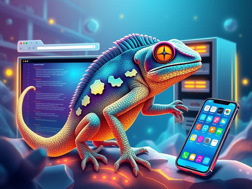 Ilustração conceitual do Javascript como um camaleão se adaptando a diferentes ambientes de programação.