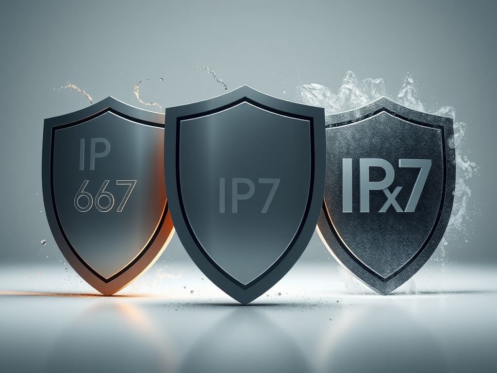 Ilustração conceitual mostrando três escudos com as classificações IP67, IP68 e IPx7 defendendo contra água e poeira.