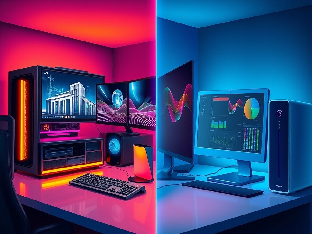 Comparativo visual entre uma estação de trabalho rodando tarefas complexas sem esforço e um PC padrão com dificuldades.