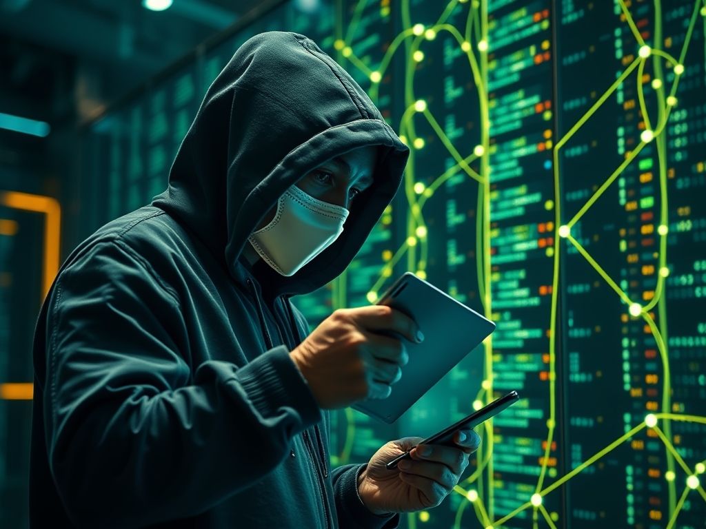 Imagem conceitual de uma pessoa disfarçada injetando dados maliciosos em um banco de dados, representando um ataque de envenenamento de dados.