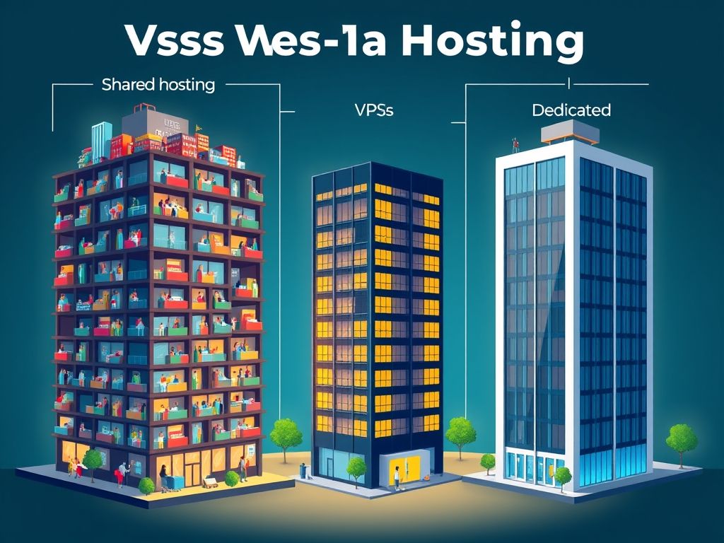 Infográfico comparando os tipos de hospedagem: compartilhada, VPS, dedicada e em nuvem.