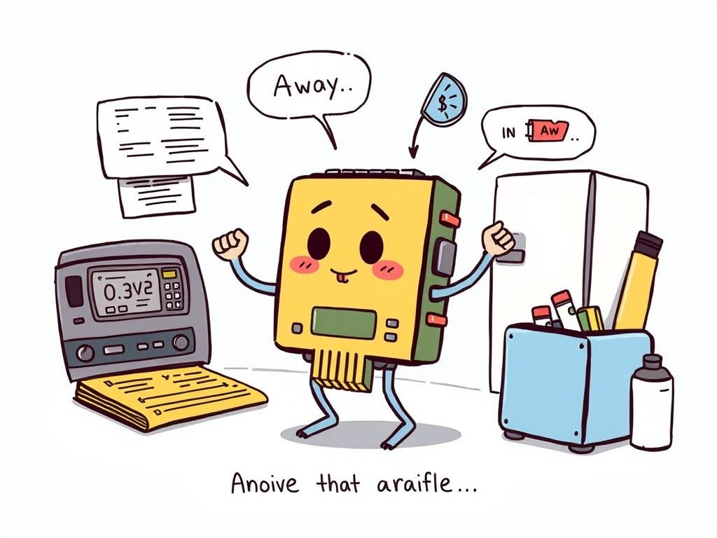 Ilustração de um chip de computador interagindo com dispositivos do dia a dia, representando sistemas embarcados.