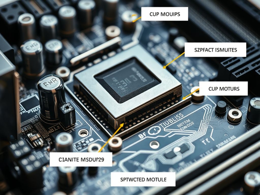 Detalhe de uma placa-mãe de computador com destaque para componentes importantes na montagem de um Hackintosh.