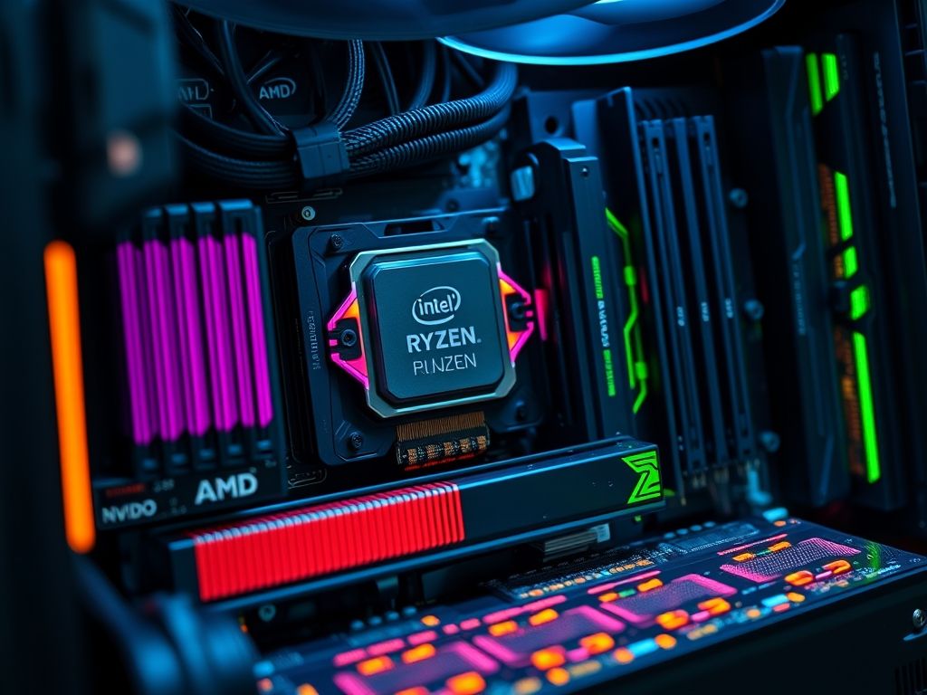 Visão detalhada dos componentes internos de uma estação de trabalho, incluindo CPU, GPU, RAM e SSD NVMe, com destaque para o sistema de refrigeração.