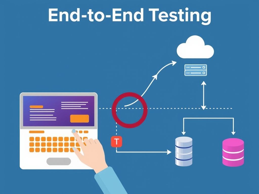 Diagrama ilustrando um teste End-to-End, mostrando a interação do usuário com a interface e o fluxo de dados entre o front-end e o back-end.