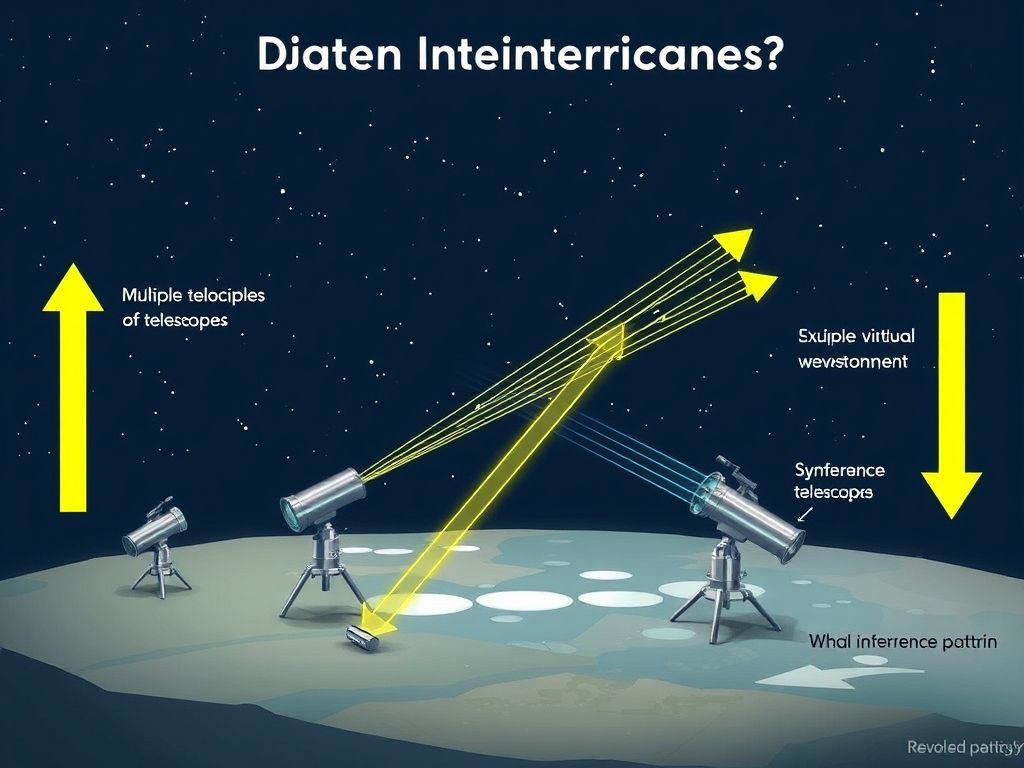 Diagrama ilustrativo da técnica de interferometria, mostrando como múltiplos telescópios combinam luz para criar um 'telescópio virtual' maior.