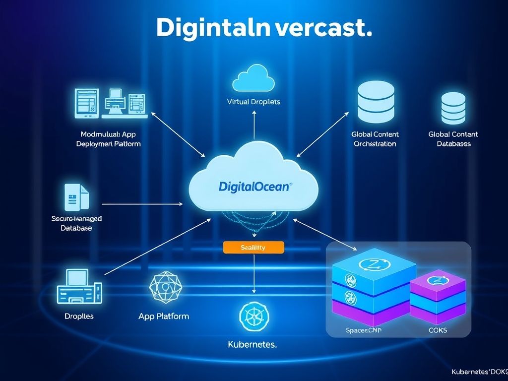 Diagrama ilustrando o ecossistema da DigitalOcean com seus diferentes serviços.