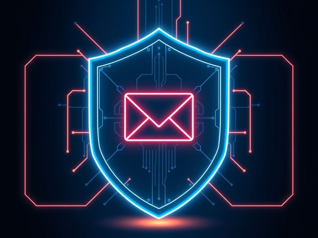 Um escudo digital futurista protegendo um ícone de e-mail contra ameaças cibernéticas.