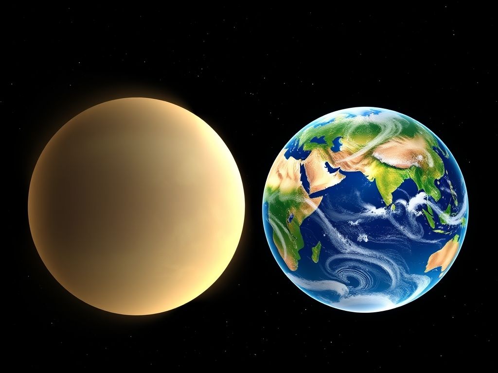 Ilustração comparando os tamanhos de Vênus e da Terra, mostrando as semelhanças e diferenças entre os dois planetas.