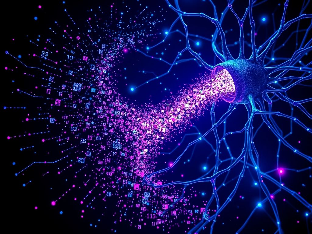 Ilustração digital mostrando um fluxo de dados corrompidos entrando em uma rede neural, representando o envenenamento de dados.