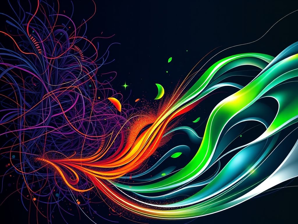 Ilustração abstrata do processo de compilação do Svelte, transformando código complexo em JavaScript otimizado.