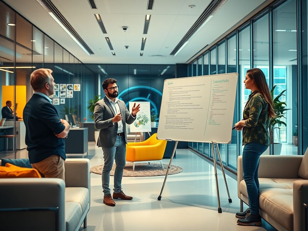 Programador explicando código em uma lousa durante uma entrevista técnica.