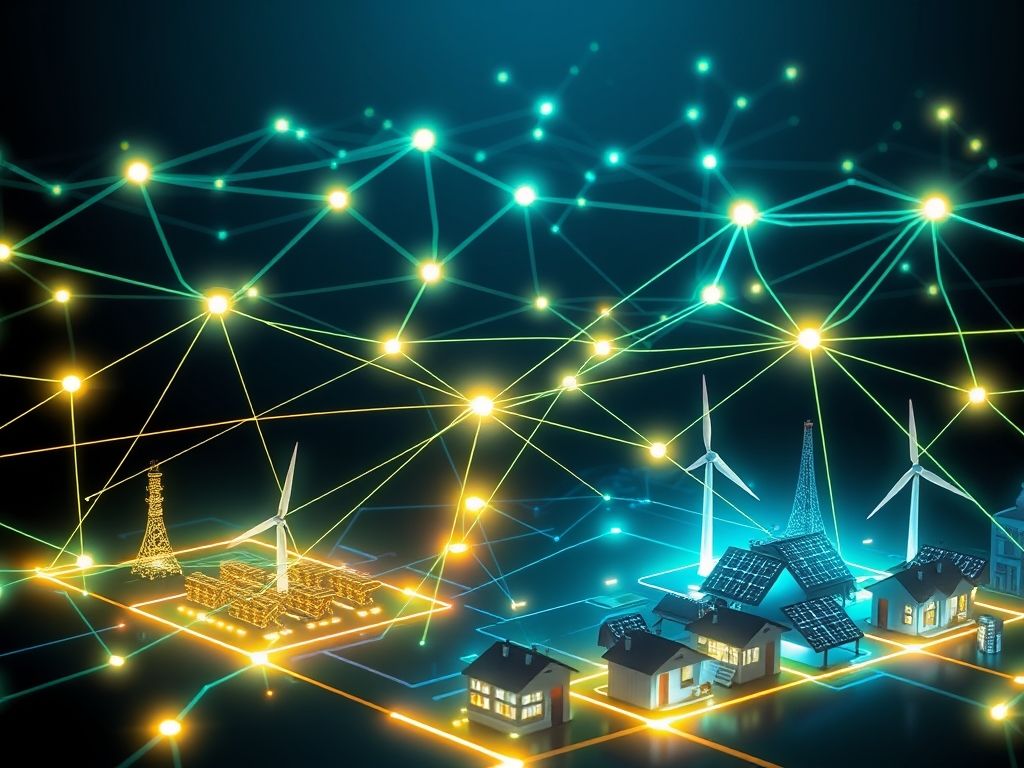 Uma visualização dinâmica de um sistema de gerenciamento de energia alimentado por IA. A imagem deve representar nós interconectados representando usinas de energia, parques solares, turbinas eólicas e residências de consumidores. Fluxos de dados fluem entre esses nós, ilustrando a otimização em tempo real da distribuição de energia.