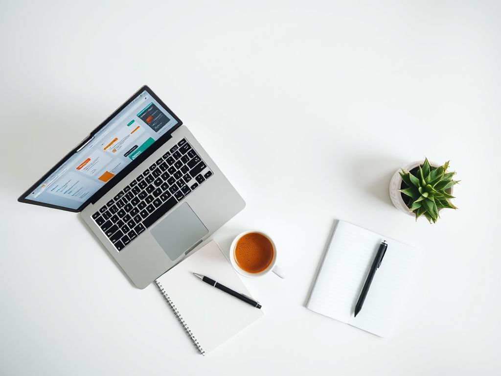 Uma mesa de trabalho organizada com um laptop mostrando um quadro do Trello, um caderno, caneta, café e uma planta, representando um ambiente de trabalho produtivo.