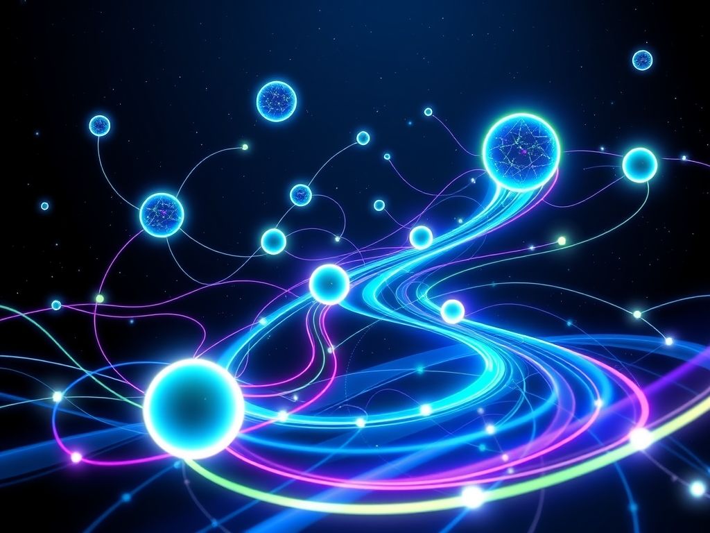 Ilustração futurista e abstrata representando a evolução das máquinas virtuais em direção à computação em nuvem, containers e computação de borda.