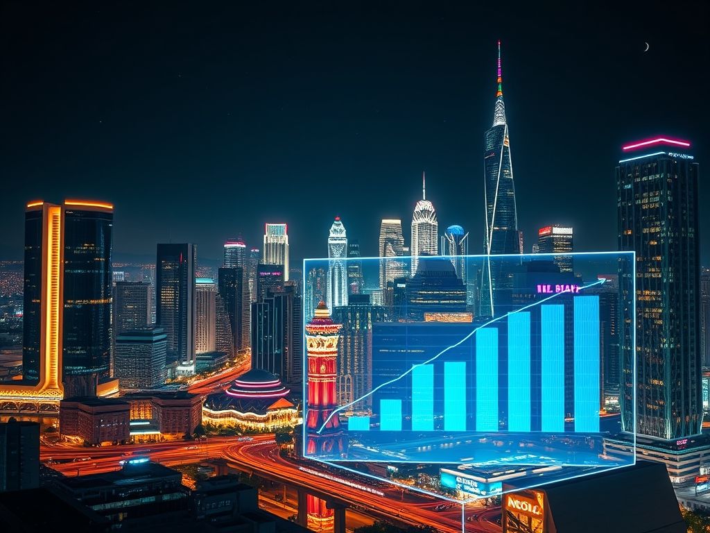 Uma paisagem urbana futurista à noite, iluminada por redes inteligentes de energia. Em primeiro plano, uma interface holográfica exibe dados de consumo de energia em tempo real, mostrando uma redução significativa em comparação com os métodos tradicionais.