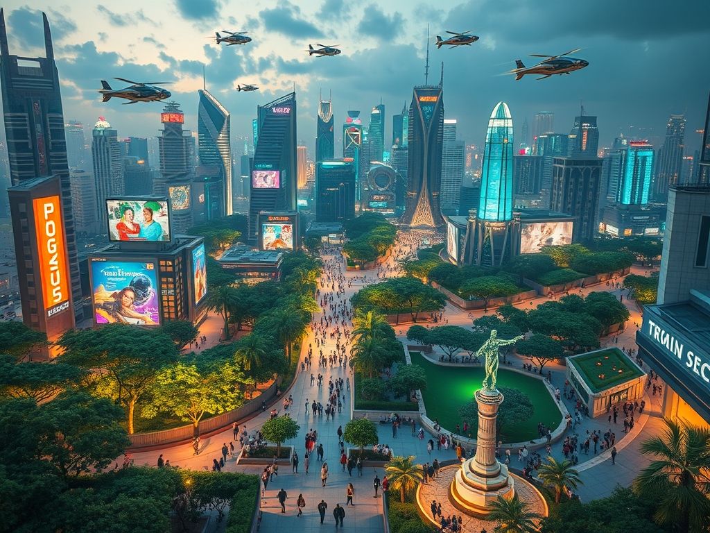 Uma paisagem urbana futurista mostrando o potencial positivo da IA para melhorar a vida humana, com carros voadores, hologramas e espaços verdes.