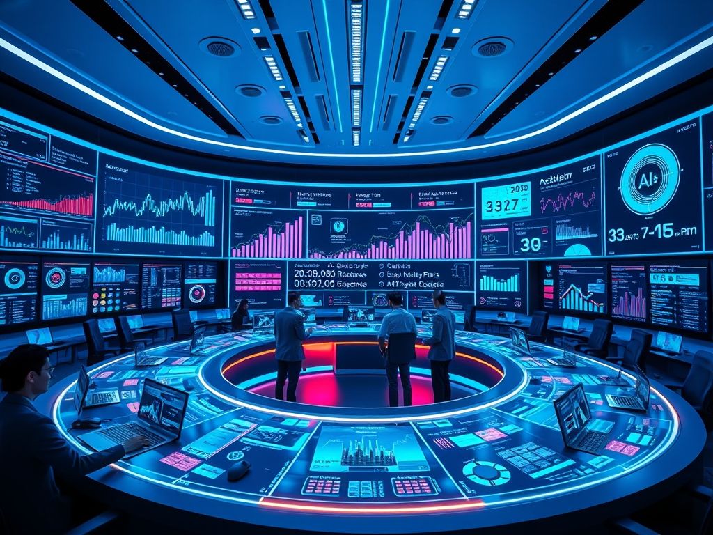 Uma sala de controle futurista com displays holográficos mostrando dados financeiros em tempo real e avaliações de risco.