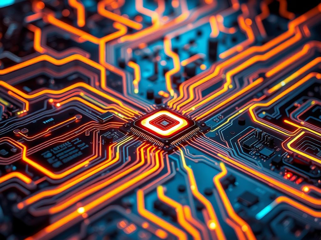 Uma placa de circuito futurista com caminhos luminosos representando o fluxo de dados, simbolizando a eficiência do WebAssembly.