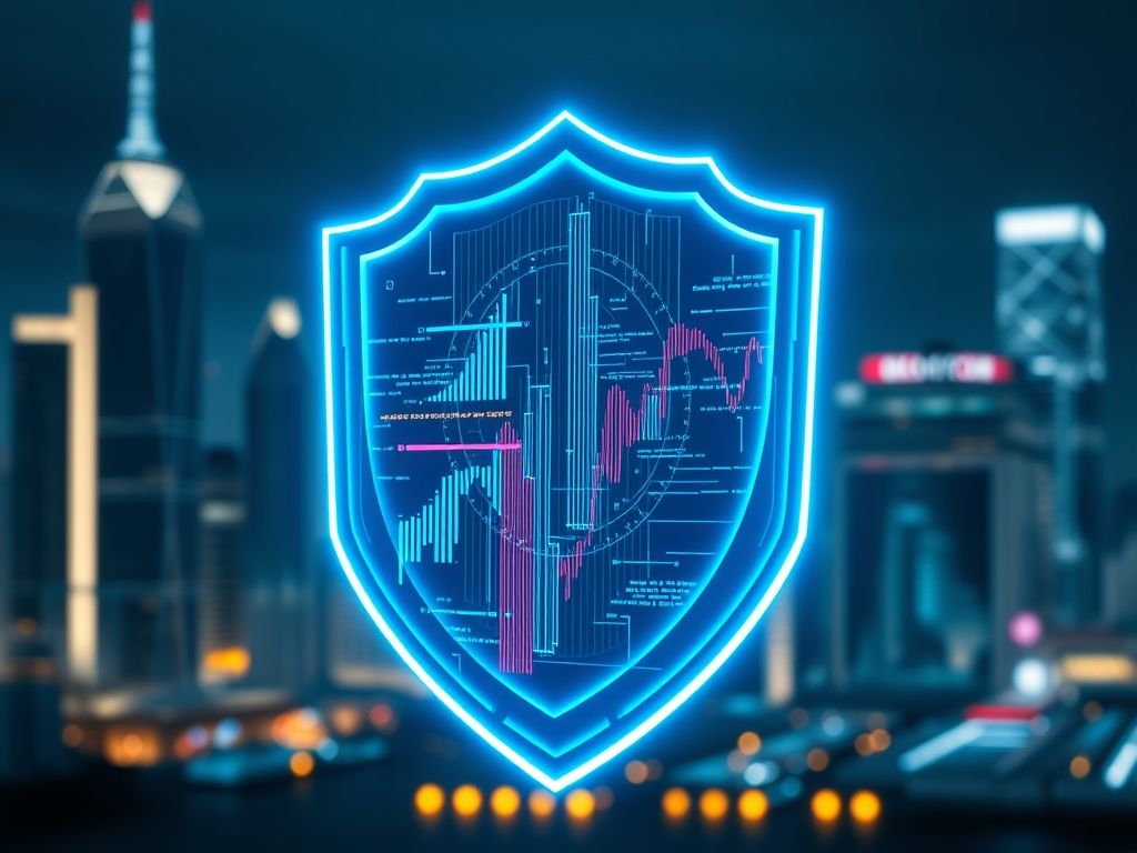 Um escudo digital protegendo um computador, representando a proteção de um antivírus.