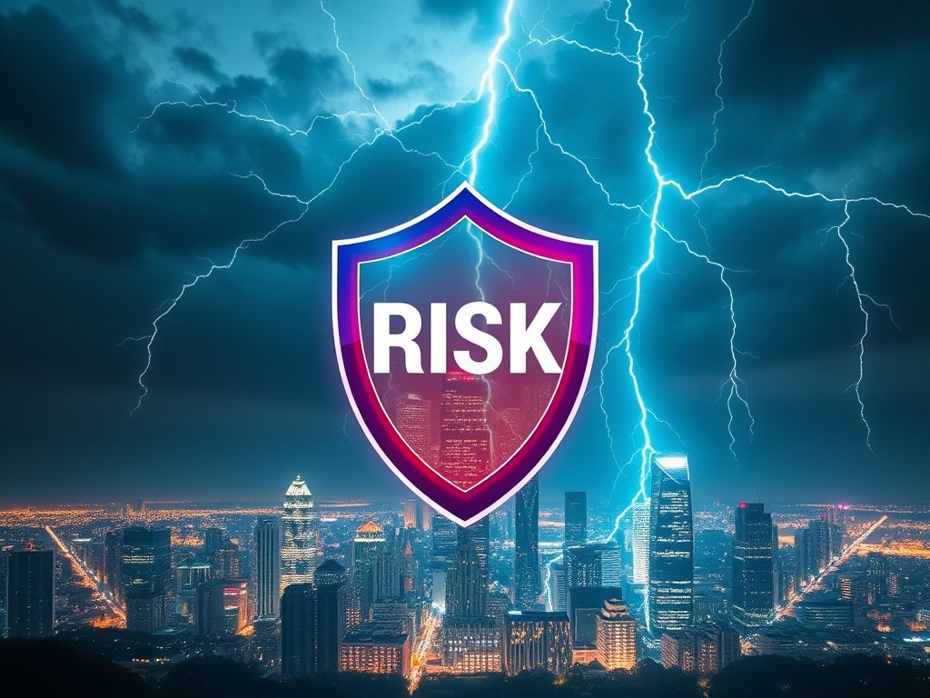 Um escudo futurista protegendo uma cidade de tempestades, simbolizando a gestão de riscos financeiros.