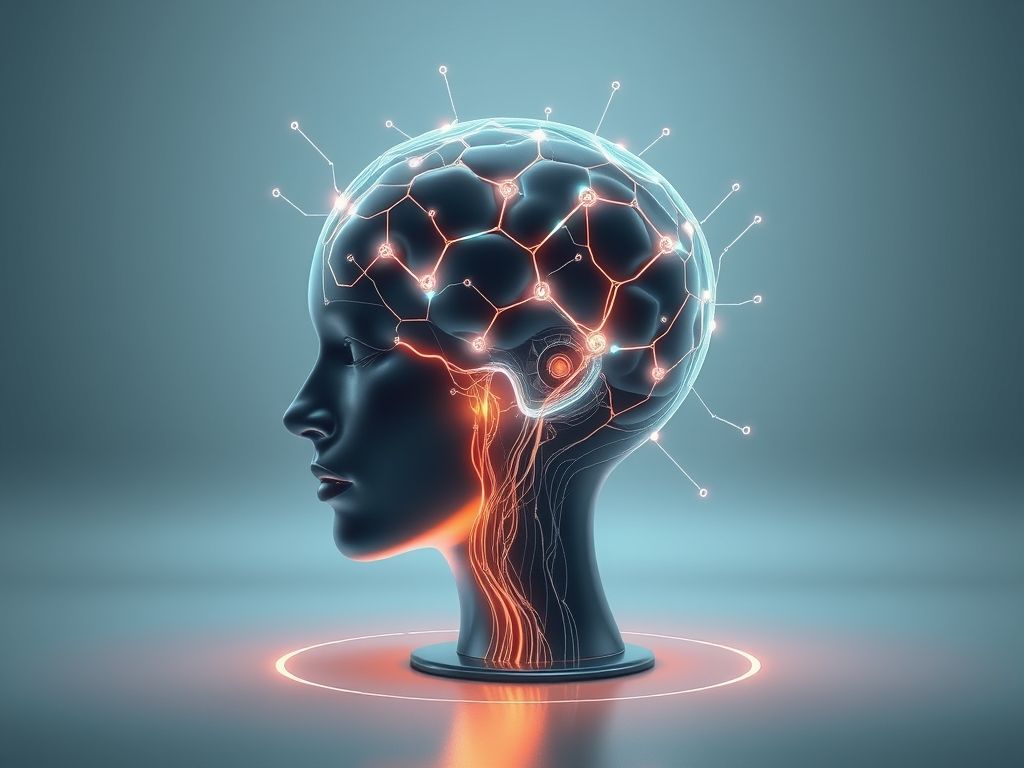 Ilustração futurista de uma cabeça humana com caminhos neurais brilhantes conectados a uma interface de computador.