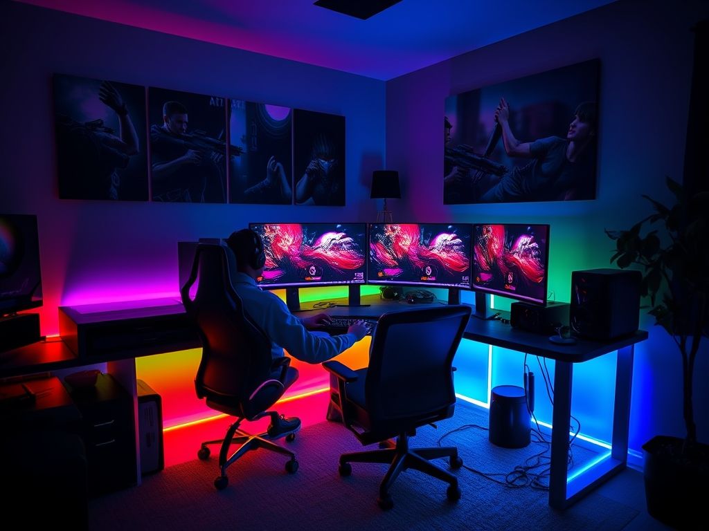 Um quarto gamer com uma pessoa jogando intensamente em um monitor curvo, com iluminação RGB e equipamentos de alta qualidade.