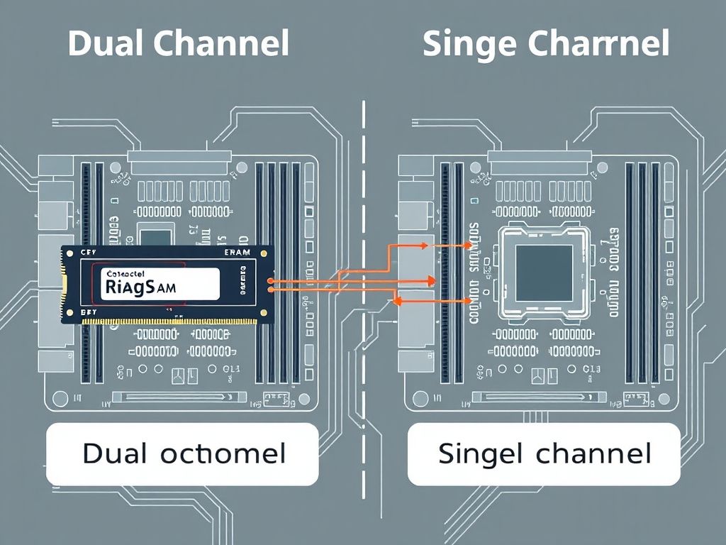 Diagrama comparando a largura de banda em configurações de memória RAM Single Channel e Dual Channel.