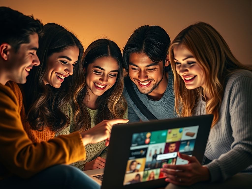 Grupo de amigos reunidos em frente a um laptop, colaborando e compartilhando cupons para compras em grupo na Black Friday.