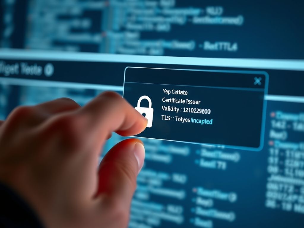 Uma mão clicando no cadeado na barra de endereço do navegador, mostrando as informações do certificado TLS.