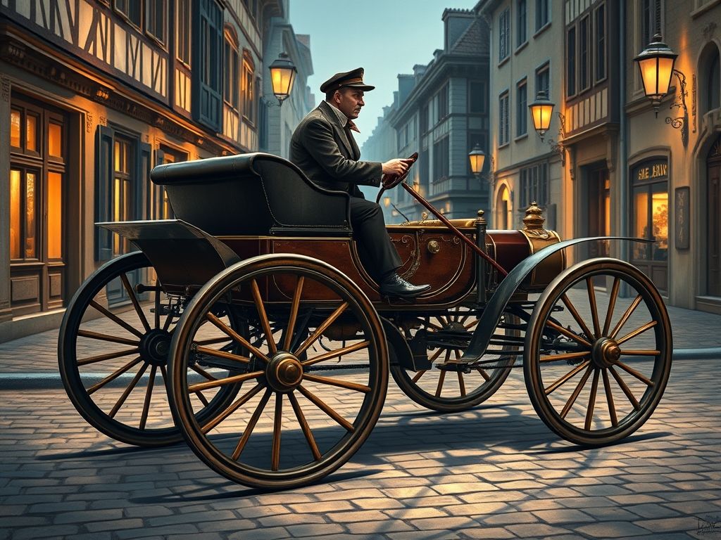 Ilustração detalhada do Benz Patent-Motorwagen de 1886, o primeiro automóvel da história.
