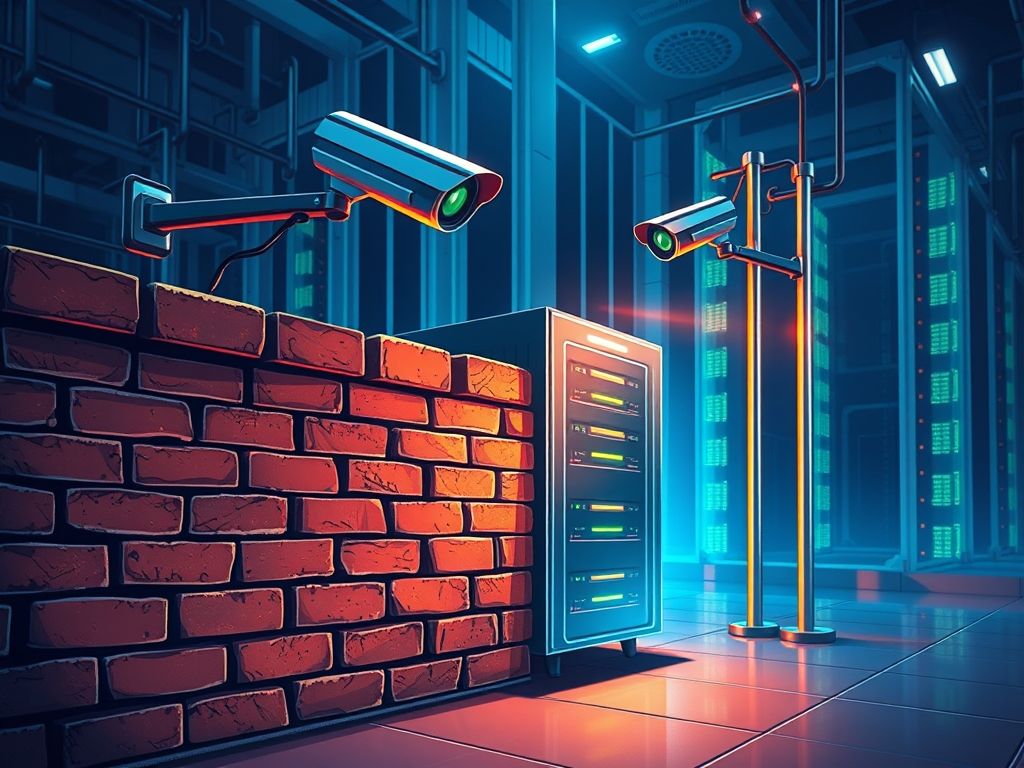 Ilustração das camadas de segurança, incluindo firewall, IDS/IPS e WAF, protegendo um servidor contra ataques DDoS.