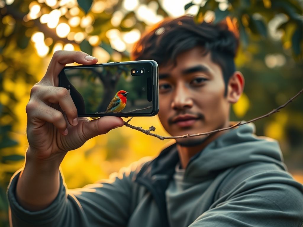 Pessoa utilizando o zoom da câmera do Galaxy S20 Ultra para fotografar um objeto distante com alta qualidade.