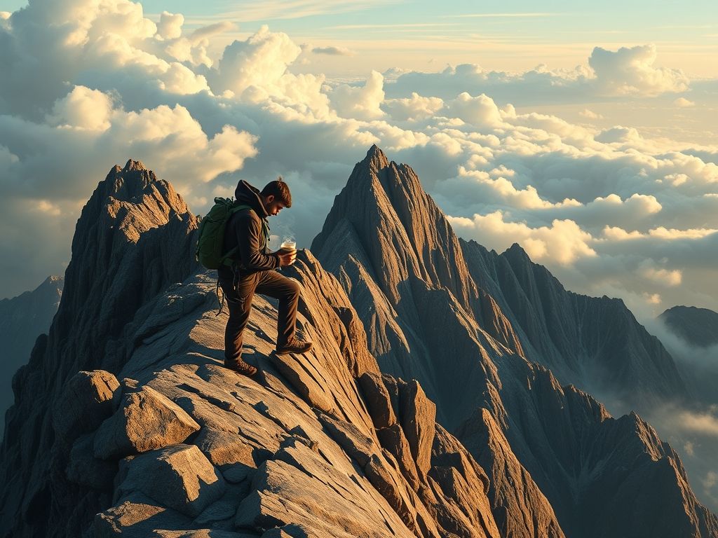 Metáfora de uma pessoa escalando uma montanha (entrevista técnica) com ferramentas de programação, em direção ao topo (oferta de emprego).