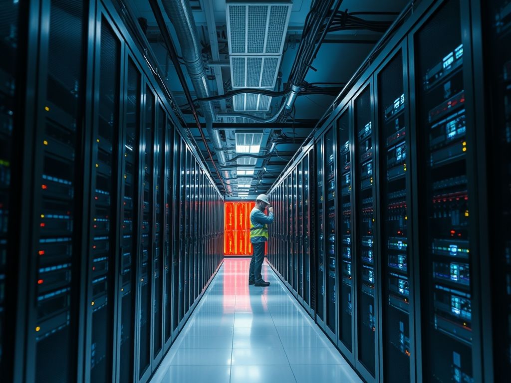 Interior de um data center moderno com servidores e um técnico trabalhando.