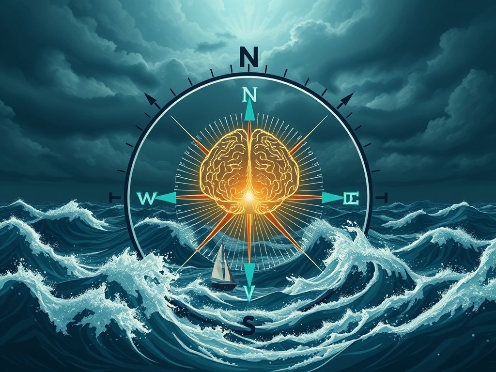 Uma ilustração estilizada de uma bússola com um padrão de placa de circuito, apontando para um cérebro de IA brilhante, representando a consultoria como guia em um mar de incertezas.