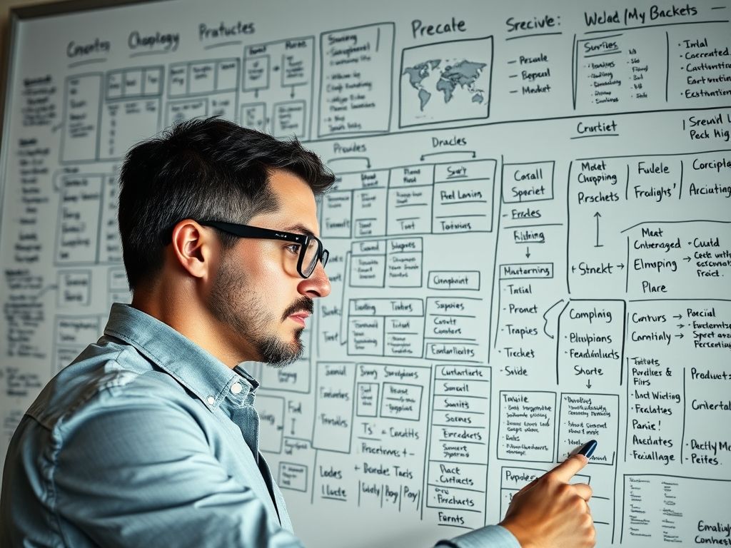 Pessoa planejando meticulosamente sua estratégia de compras em um quadro branco para a Black Friday.