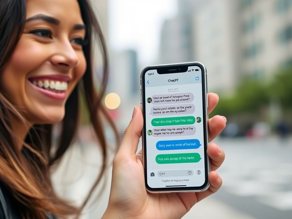 Pessoa sorrindo enquanto segura um smartphone mostrando o ChatGPT, com uma cidade ao fundo.