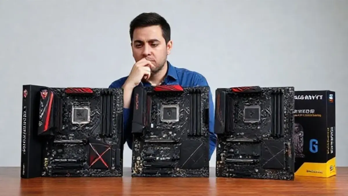 A person thoughtfully comparing three different B650 motherboards (MSI PRO B650M-A WIFI, ASUS TUF Comparativo de placas-mãe B650: MSI, ASUS e Gigabyte. Qual a melhor para seu Ryzen 7000?