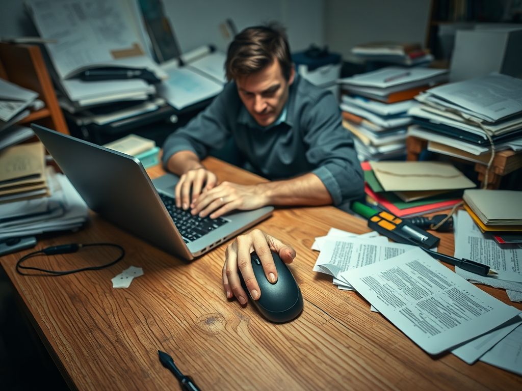 Pessoa frustrada usando um mouse diretamente na mesa, sem mousepad, devido a superfície irregular.