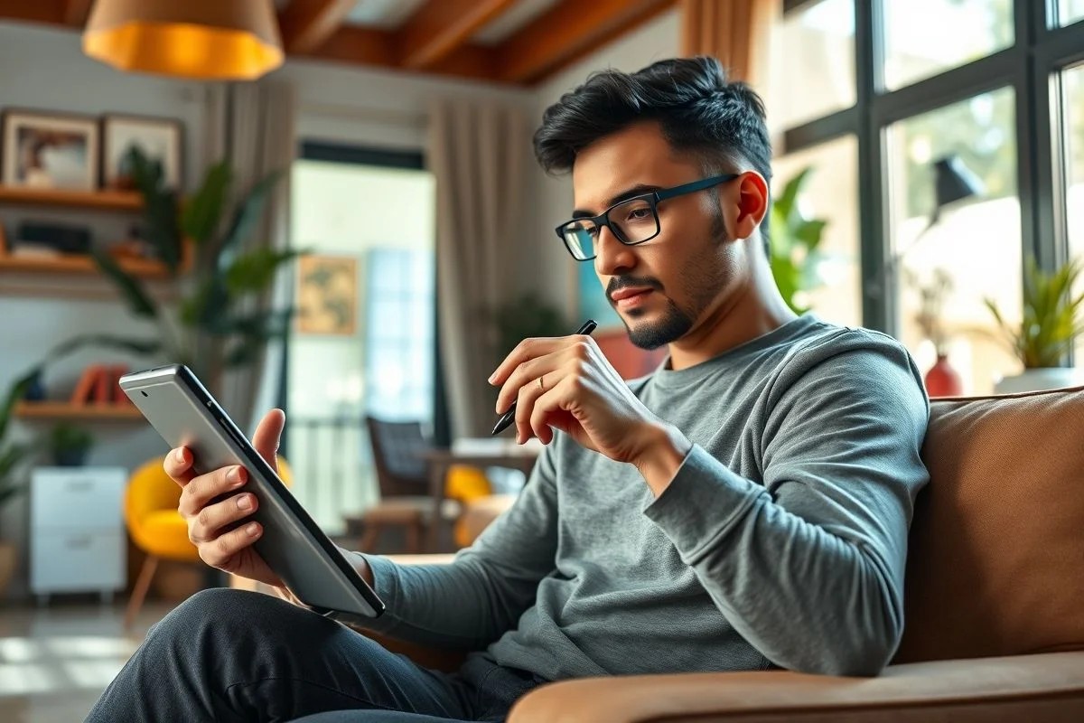 Pessoa usando S Pen no Galaxy Z Fold7 desdobrado em casa no Brasil.